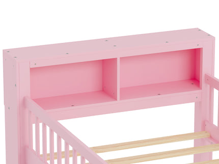 Bed With Headboard Storage Rack, 2 Under Bed Drawers, 3 Side Guardrails For Safety