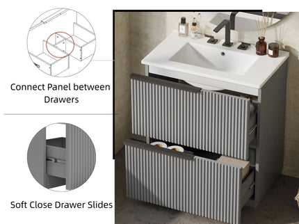 Fluted Bathroom Vanity With Ceramic Sink, Freestanding Cabinet