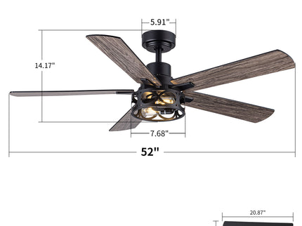 Ceiling Fan With Light, Dual‑Sided Matte Black & Wood Grain Blades - Black