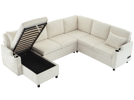 U-Shaped Sectional Sleeper Sofa With Ample Storage Space, 2 Cup Holders And Charging Ports For Living Room