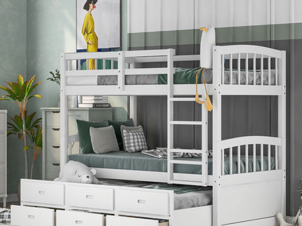 Bunk Bed With Trundle And Drawers, Arched Headboard And Footboard