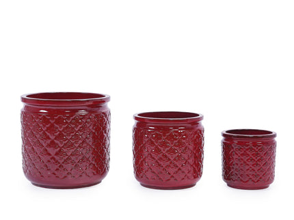 3 Pieces Ceramic Flowerpot, Planter For Patio & Garden Or Windowsills - Bean Paste Red