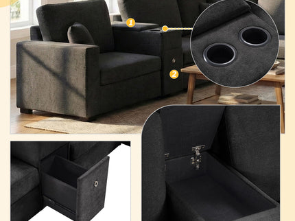 Modular 5 Seat U-Shape Sectional Sofa With Chaise Lounge, Built In Cup Holders And Storage Drawer