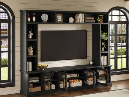 All-In-One Entertainment Center With Bookshelves & Tempered Glass Doors, TV Console Unit For Living Room