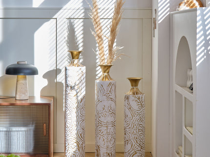 Floor Metal Vases Decorated Metal Vases (Set of 3) Gorgeous Home Decoration Large Glazed Metal Vases - White / Gold