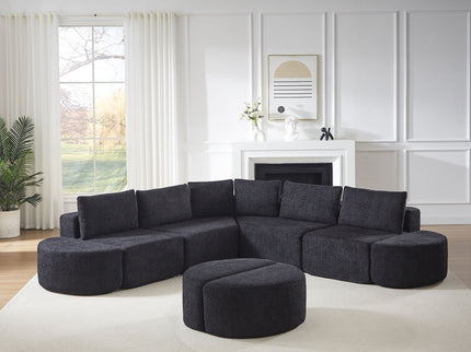 Modular Sectional Sofa With 6 Pillows And 4 Curved Footstools For Living Rooms - Black