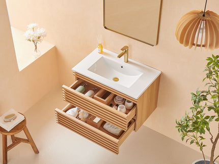 Wall Mounted & Floating Single Vanity With Ceramic Sink - Natural Walnut