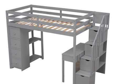 Loft Bed With Storage Drawers, Desk And Stairs With Shelves