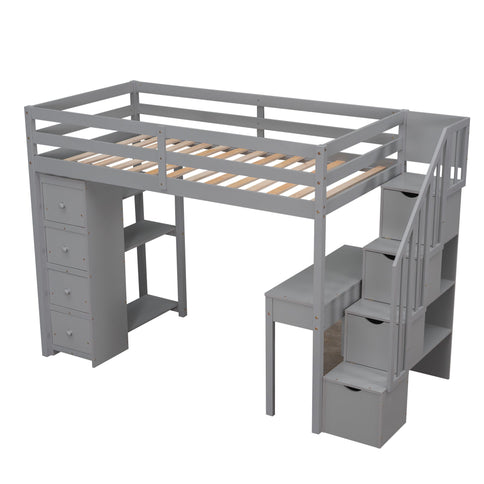 Loft Bed With Storage Drawers, Desk And Stairs With Shelves