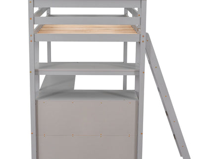 Modern Loft Bed With Built In Desk, Shelves, And 2 Drawers
