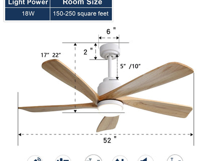 52" Smart Remote Control Ceiling Fan With Dimmable LED Light, 5 Blades, Reversible DC Motor - White