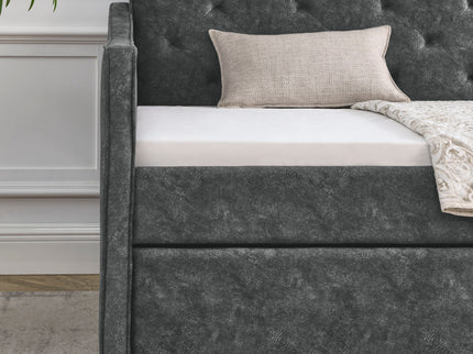 Twin Upholstered Daybed With Trundle, Waved Arms - Gray