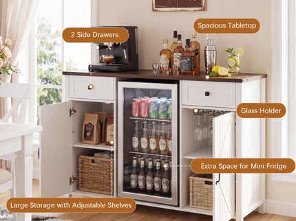 Coffee Bar With Mini Fridge Space & Built In Charging Station, Large Bar Cabinet With Drawers & Adjustable Shelves For Kitchen - White