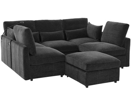Modern Modular U-Shaped Sofa Bed With Movable Ottoman, USB Ports, Phone Holder
