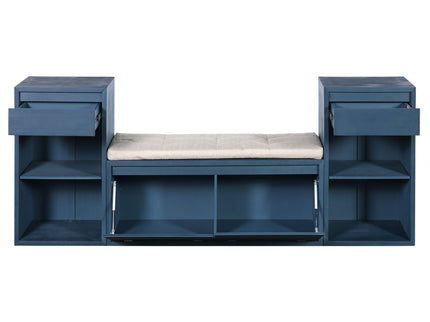 Entryway Storage Bench With Cushion, Drawers & Open Shelves
