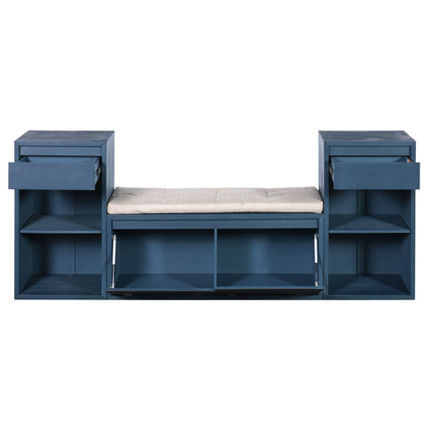 Entryway Storage Bench With Cushion, Drawers & Open Shelves