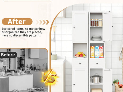 Tall Bathroom Storage Cabinet, 5-Tier Narrow With 2 Doors & Adjustable Shelves, Freestanding - White