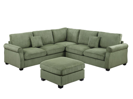L - Sectional Sofa Set With Corner Wedge And Ottoman, 4 Piece Living Room Furniture - Sage
