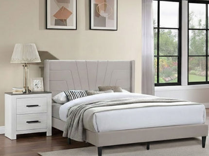 Eastern King Size Platform Bed, Upholstered Headboard - Light Brown