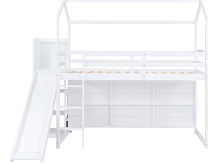 House Loft Bed With Slide, Storage Shelves And Light, Climbing Ramp
