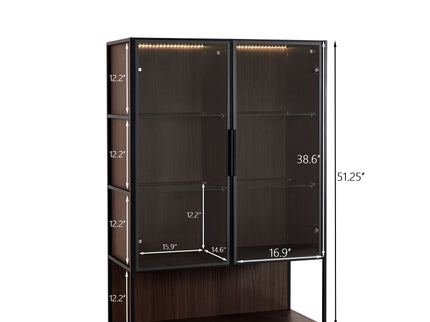 Modern Minimalist Tall Lighted Display Cabinet With Tempered Glass Door - Black / Dark Walnut