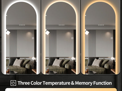 LED Full Length Wall Mirror With Symmetrical Arch Design, Dimmable 3 Color Temperature Lighting - Silver