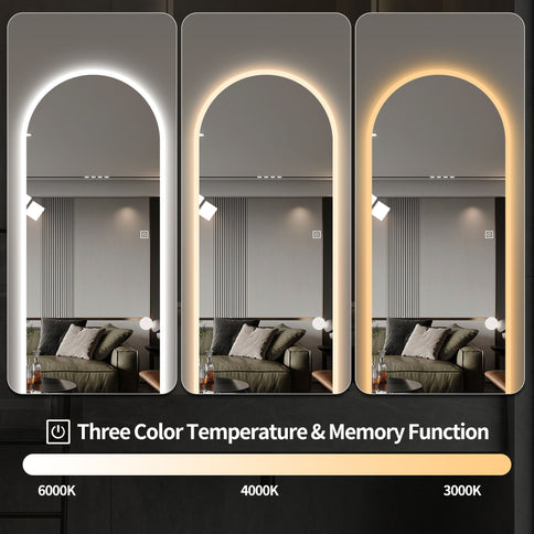 LED Full Length Wall Mirror With Symmetrical Arch Design, Dimmable 3 Color Temperature Lighting - Silver