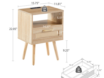 15.75" Rattan End Table With Power Outlet & USB Ports, Modern Nightstand With Drawer And Solid Wood Legs, Side Table For Living Room, Bedroom