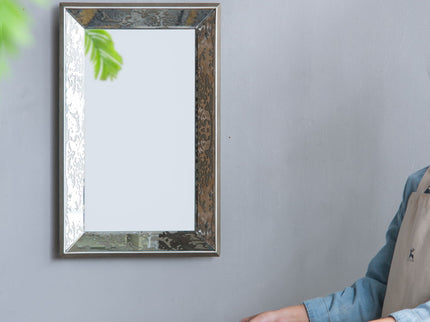 Antique Rectangle Mirror With Floral Accents, Mirrored Display Tray, Hanging Wall Mirror