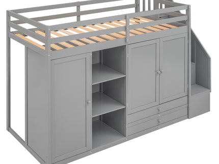Loft Bed With 3 Shelves, 2 Wardrobes, 2 Drawers, Ladder Storage