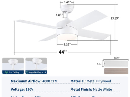 Ceiling Fan With Remote Control, Reversible DC Motor, 6 Speeds, 3 Dimmable LED, Quiet Timer For Indoor - White