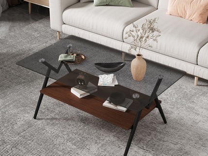 Rectangle Coffee Table With Tempered Glass Top And Shelf, Modern Table For Living Room