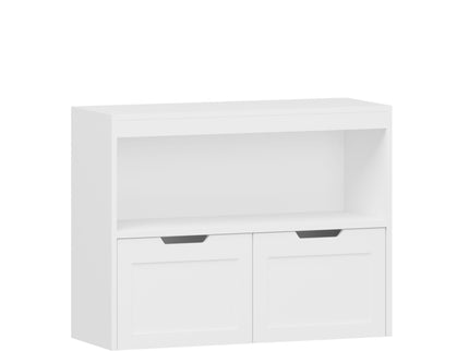 Book Organizer With Large Drawers And Open Shelves, Toy Storage Cabinet With Removable Wheels And Rounded Edges - White