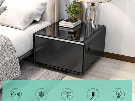Modern Smart Side Table With Built-In Fridge, Wireless Charging, Temperature Control, Power Socket, USB Ports, Outlet Protection, Induction Light