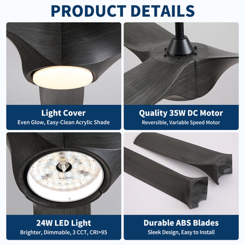 Reversible Quiet Motor Ceiling Fan Light With ABS Blades - Black / Gray