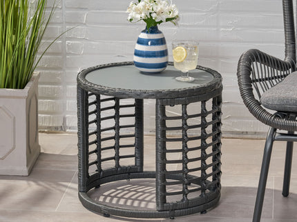 Achill - Outdoor Modern Boho Wicker Side Table With Glass Top - Gray
