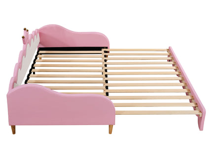 Extending Daybed With LED Lights, Modern Upholstered Princess Daybed With Crown Headboard