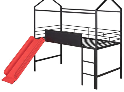 Twin Metal Loft Bed With Slide And 2 Sided Writable Wooden Board - Black