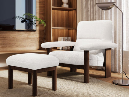Modern Accent Chair With Ottoman, Mid Century Lounge Chair With Footrest, Comfy Fabric Armchair Upholstered Set With Solid Wood Frame For Living Room - White