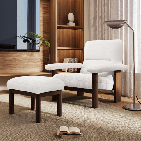 Modern Accent Chair With Ottoman, Mid Century Lounge Chair With Footrest, Comfy Fabric Armchair Upholstered Set With Solid Wood Frame For Living Room - White