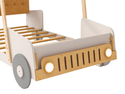 Twin Size Car Bed With Pillow, Ceiling Cloth And LED - Natural