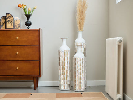 Floor Metal Vase Modern Style Decoration Home Metal Vase 3 Piece Set Gorgeous Home Decoration Large Glazed Metal Vase - Gold / White