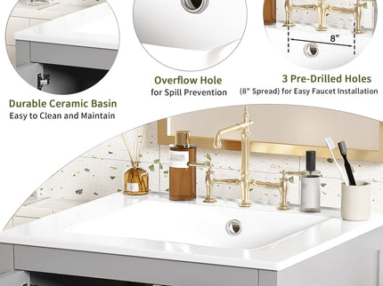 Bathroom Vanity With Sink, Soft Close Door, Double Layer Door Shelf And 3 Drawers - Gray