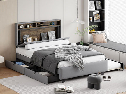 Upholstered Platform Bed With Storage Headboard, Trundle & 2 Drawers And A Set Of Sockets & USB Ports