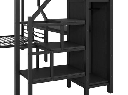 Twin Over Full L Shaped Bunk & Loft Bed With Built-In Wardrobe, Desk, And USB Ports - Black