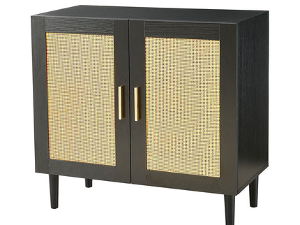 Side Panel Buffet Cabinet With Natural Rattan Door, Rattan Storage Cabinet With Adjustable Shelves, Side Panel And Buffet With Storage Space, Modern Console Cabinet In Bedroom And Living Room - Black / Beige