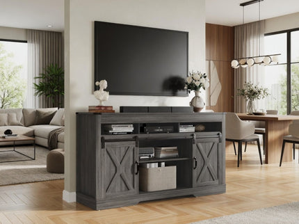 Farmhouse TV Stand With Sliding Barn Doors & Adjustable Storage