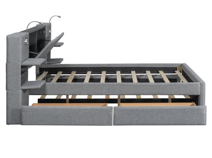 Upholstered Platform Bed With Reading Lights, Drawers, Trundle And Shelves