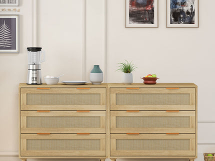 3 Drawers Rattan Storage Cabinet Rattan Drawer, For Bedroom, Living Room, Dining Room, Hallways (Set of 2) - Oak