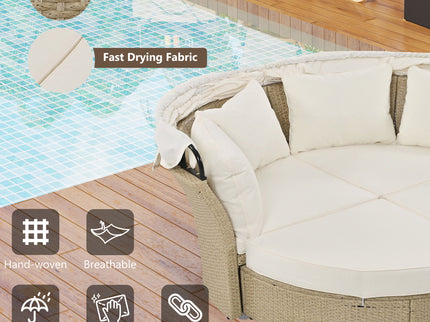 Outdoor Patio Daybed Wicker Rattan Double Daybed Round Sofa Furniture Set With Retractable Canopy, 4 Pillows For Lawn Garden
